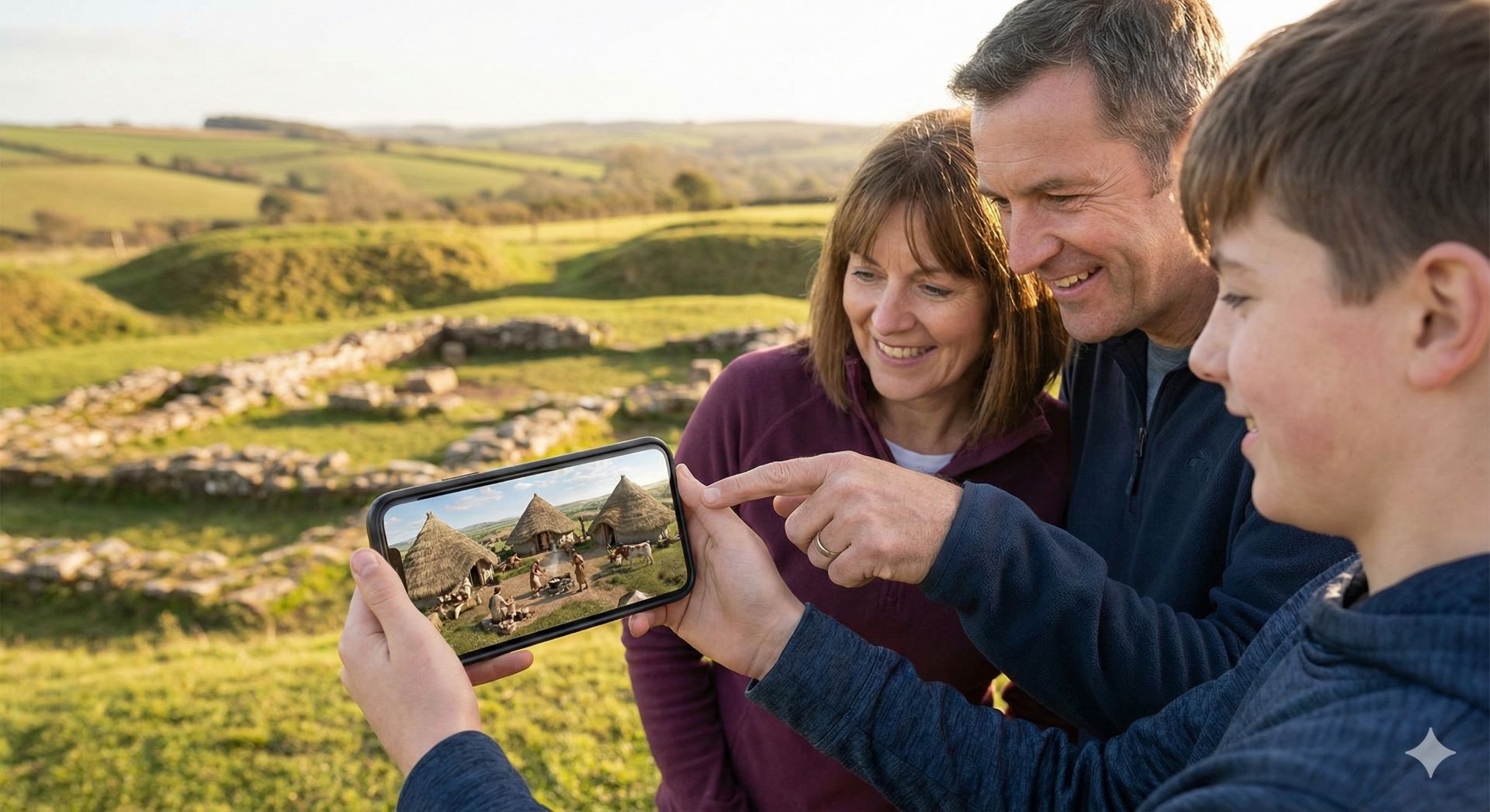 Family exploring historical site with VR app