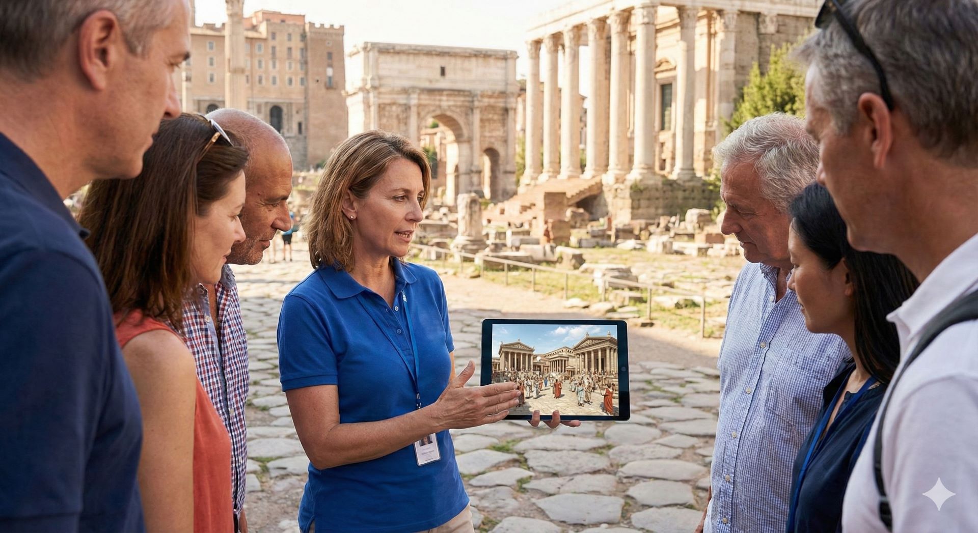 Tour guide showing historical reconstruction to visitors at Roman Forum